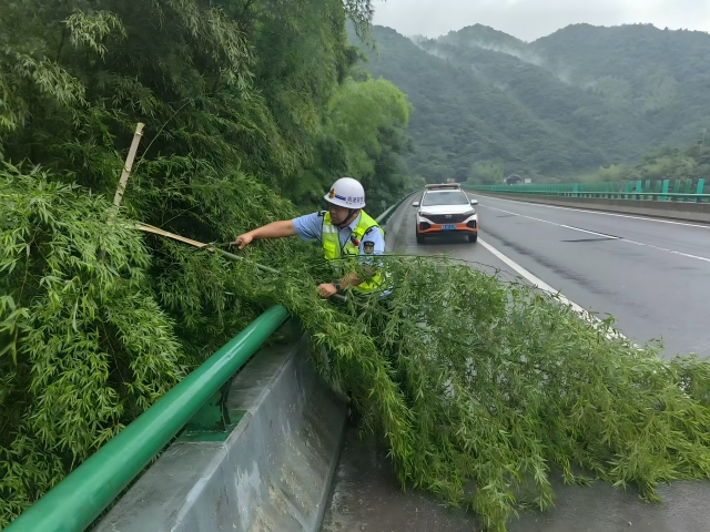 05 臺風(fēng)格美登陸在即，7月26日 六安西中心管控部巡路員柴夢麒清理侵占路面的毛竹(1).png